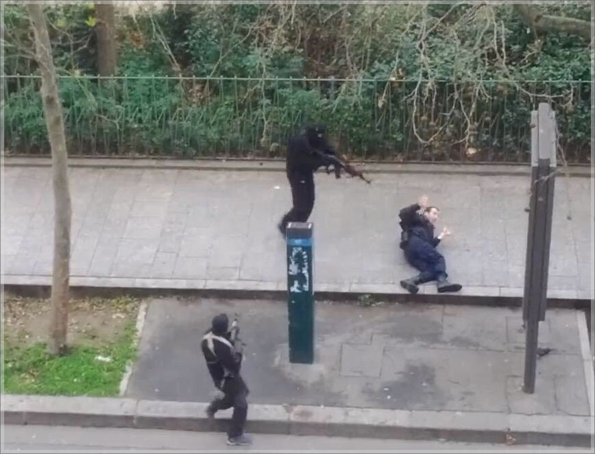 Islamic terrorists prepare to execute a wounded French policeman after their attack on the offices of French magazine Charlie Hebdo on Jan. 7th 2015.